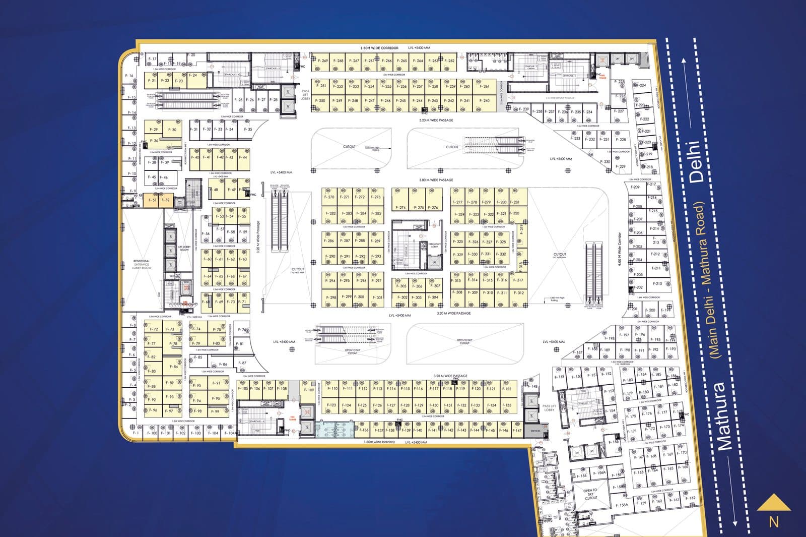 Retail first-floor plan with anchor units fronting NH-19 / Mathura Road
