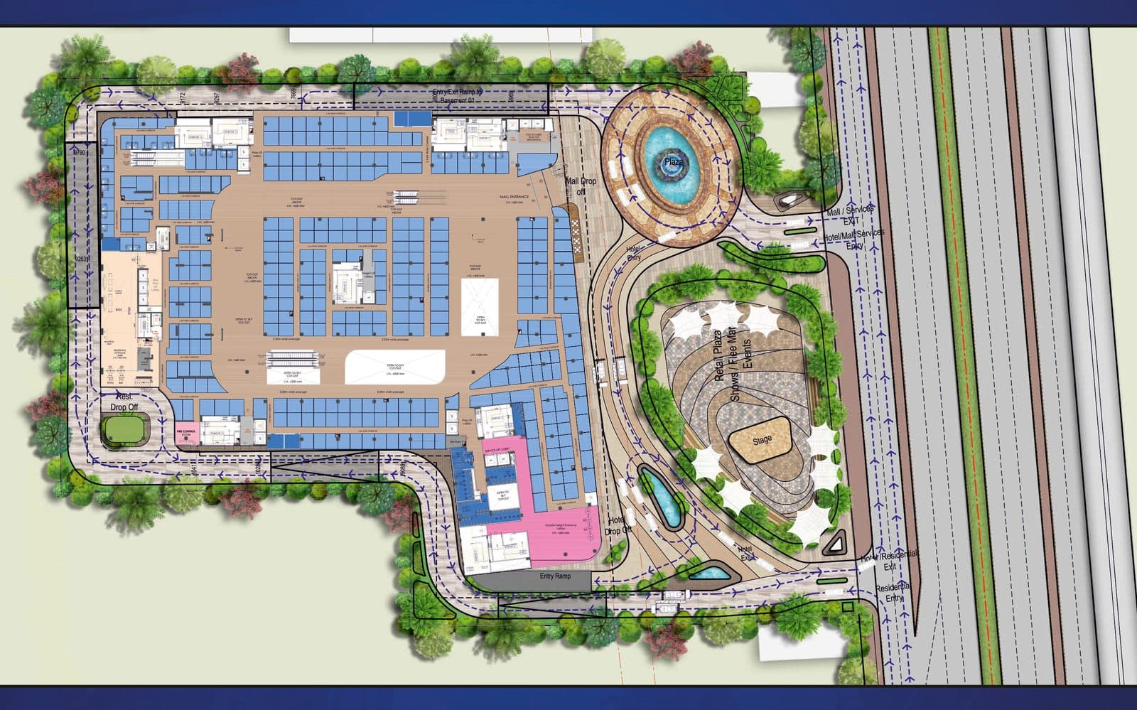 Master site layout of The Icon, Sector 27A Faridabad — indicative; shows mall block, residential tower, hospitality block, plaza and parking ramps